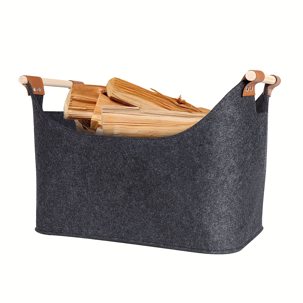 Felt Basket Storage Box With Leather and Wooden Handle Firewood