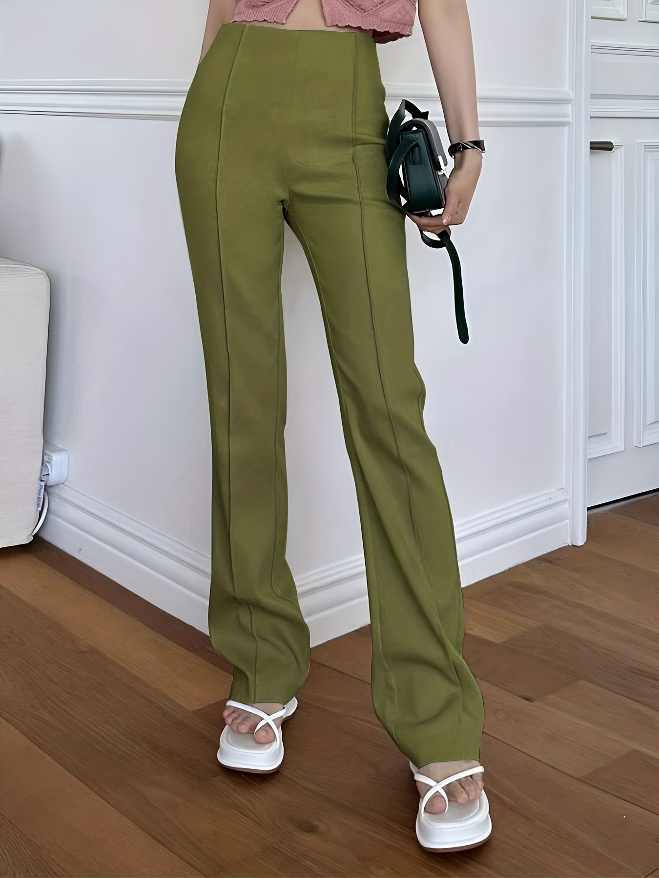 Dress Pants Womens Black Work Pants Solid High Waist Zipper High Waist  Straight Pants with Plus Size Big Leg, Army Green, Small : :  Clothing, Shoes & Accessories