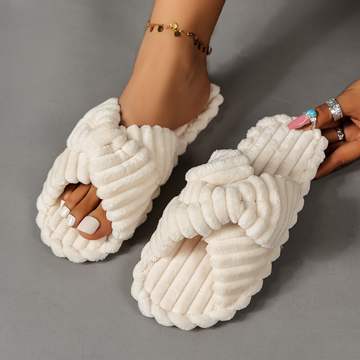Cross Band Fuzzy Warm Home Slippers, Comfortable Open Toe Soft Sole Shoes,  Cozy Slip On Mute House Slippers