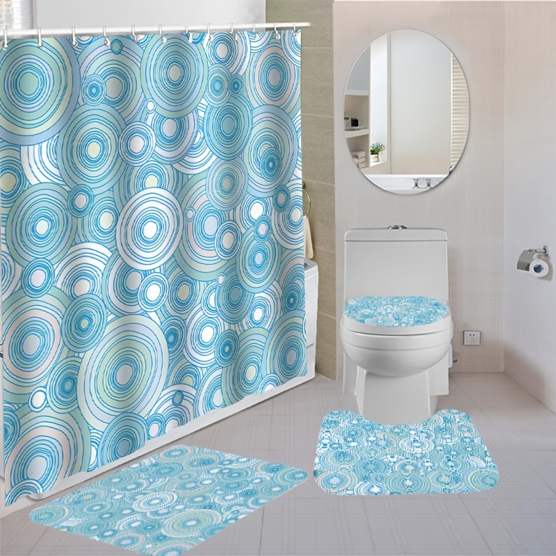 Geometric Blue Shower Curtain Sets popular with Non-Slip Rugs,Toilet Lid Cover a