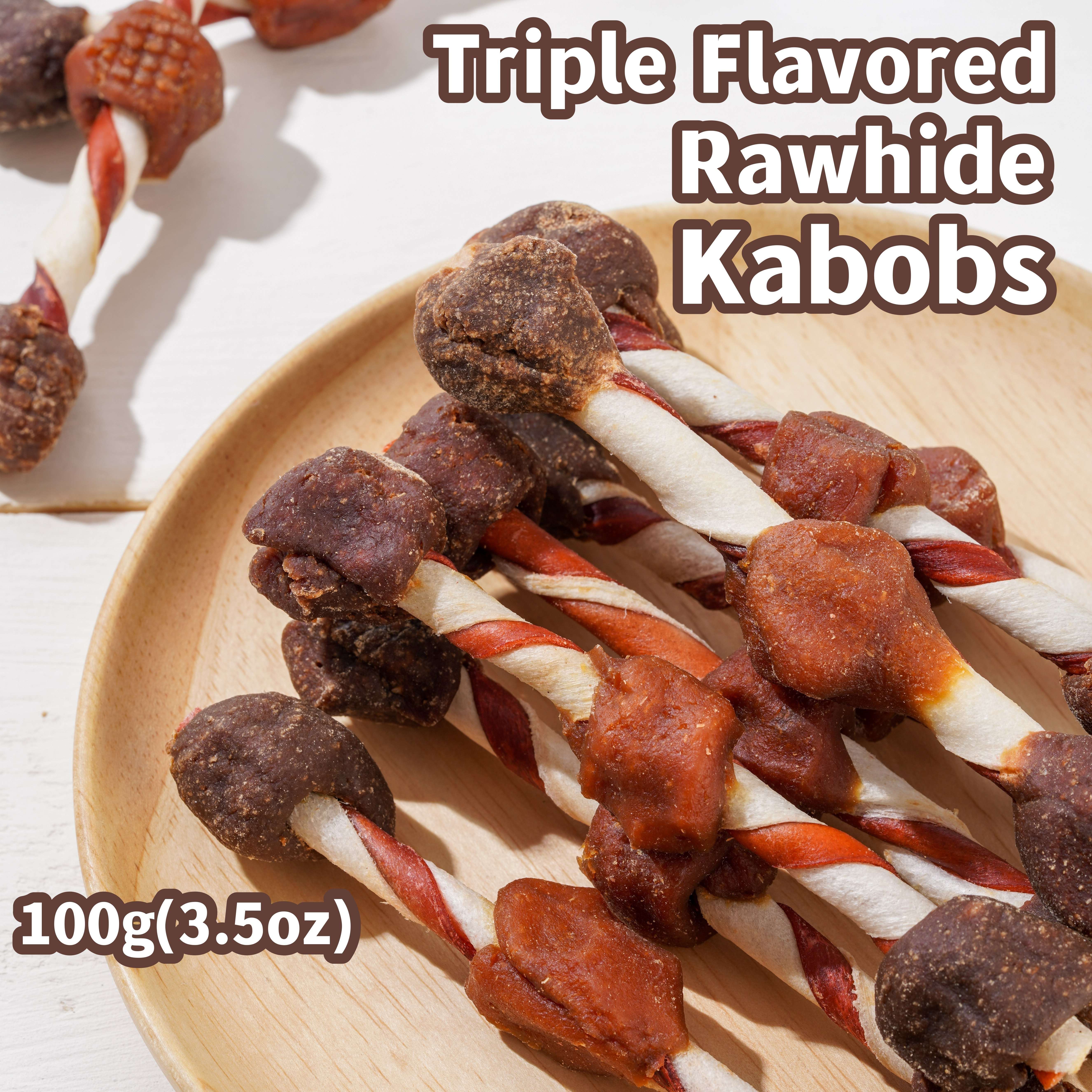 1/3pack High Protein Triple Flavored Rawhide Kabobs Dog Treats with Real Beef, Chicken, and Chicken Liver - Easily Digestible and Long Lasting - 100g/pack