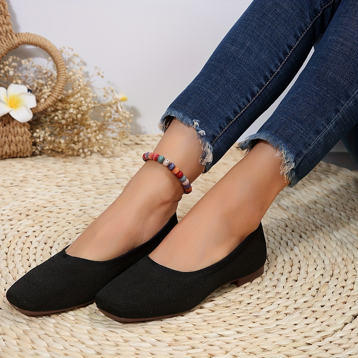 Women's Square Toe Flat Shoes Solid Color Knitted Soft Sole - Temu