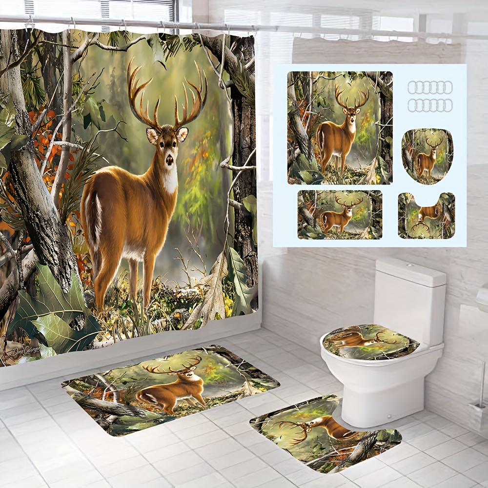 Deer Print Shower Curtain Set, Bathroom Rug, U-shape Mat, Toilet