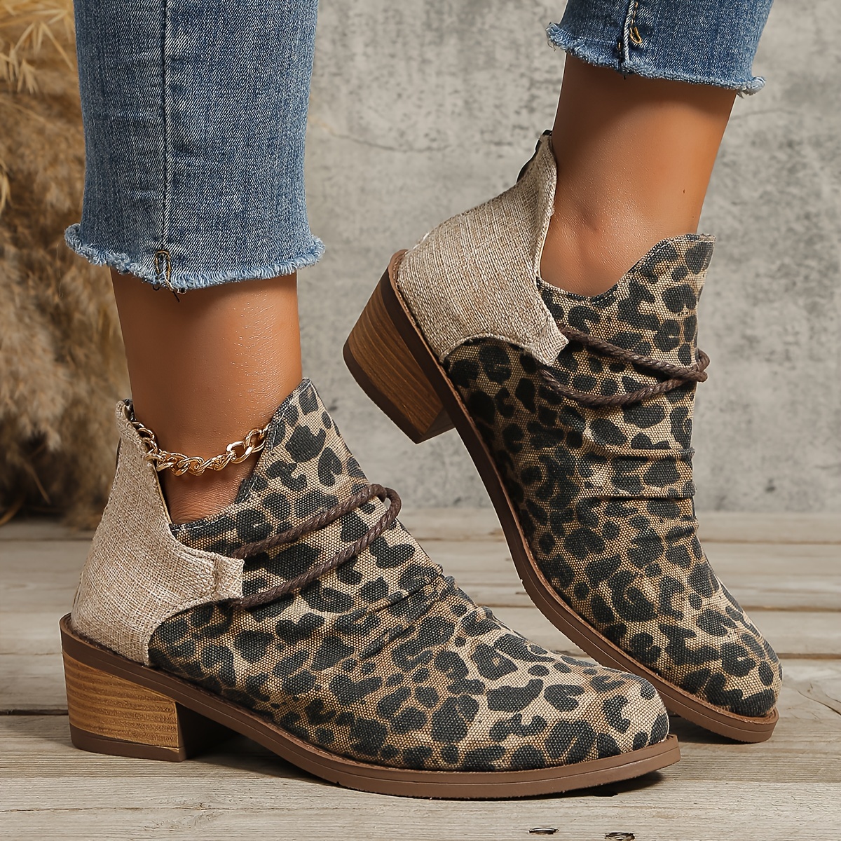 Women's Leopard Print Ankle Boots Retro V Cutout Chunky Low - Temu