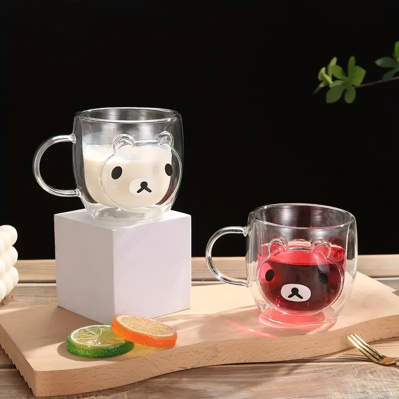 Cute Mugs Double Wall Glass Coffee Glass Cup Kawaii Bear Tea Milk Cup Funny  Mug Animal Mug Aesthetic Cup for Office and Personal Birthday Gift (Happy  bear) 