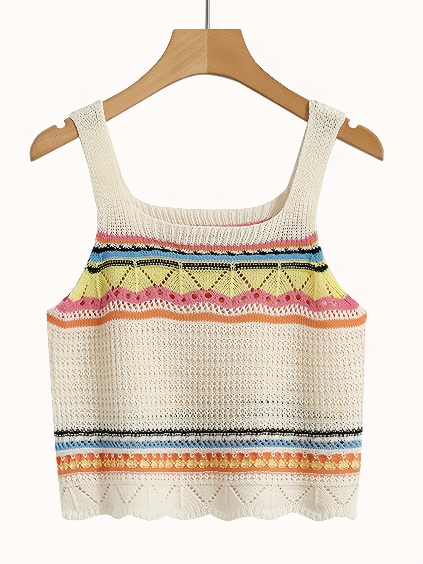 Rainbow Striped Square Neck Tank Top, Casual Sleeveless Knitted Tank Top  For Summer, Women's Clothing