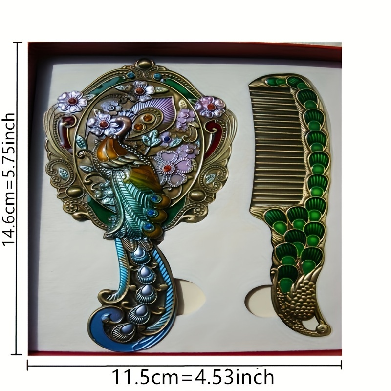 Vintage Peacock Handheld Mirror Comb Set