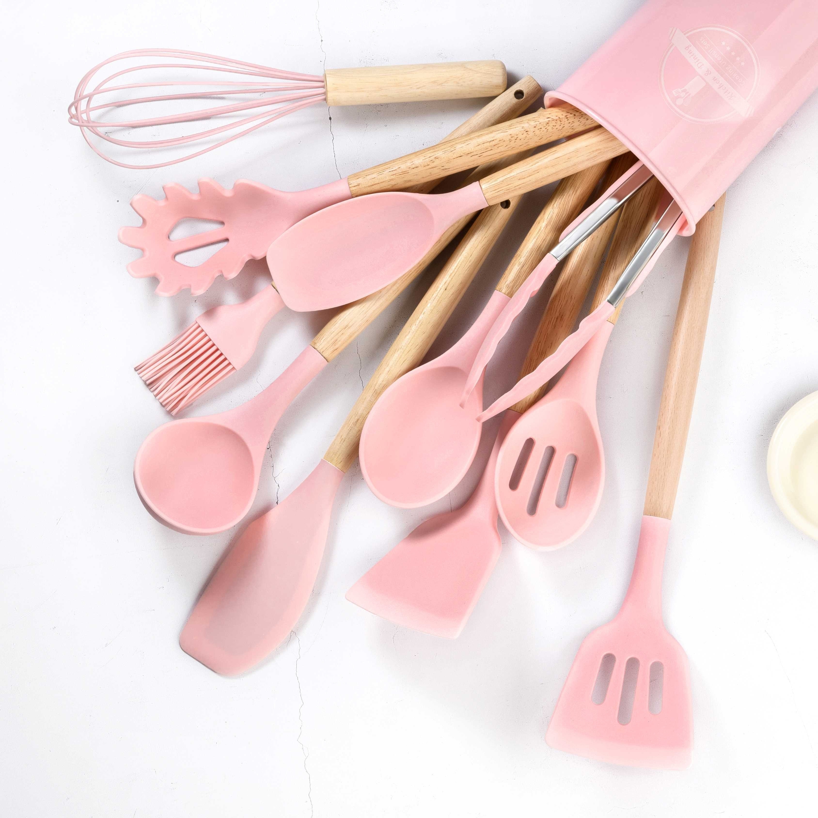 Aoibox 15-Piece Silicon Cooking Utensils Set with Wooden Handles and Holder  for Non-Stick Cookware, Pink SNPH002IN469 - The Home Depot