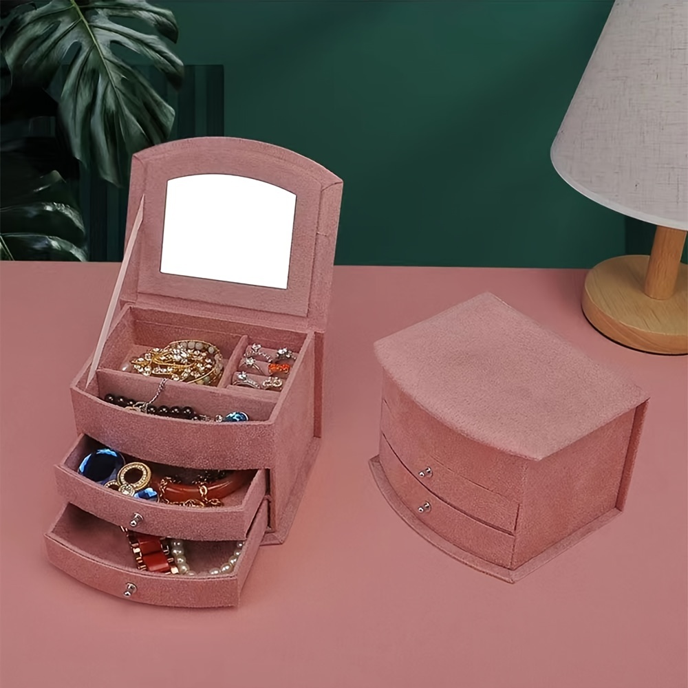 Boîte de rangement de bijoux en daim à trois couches, étui de