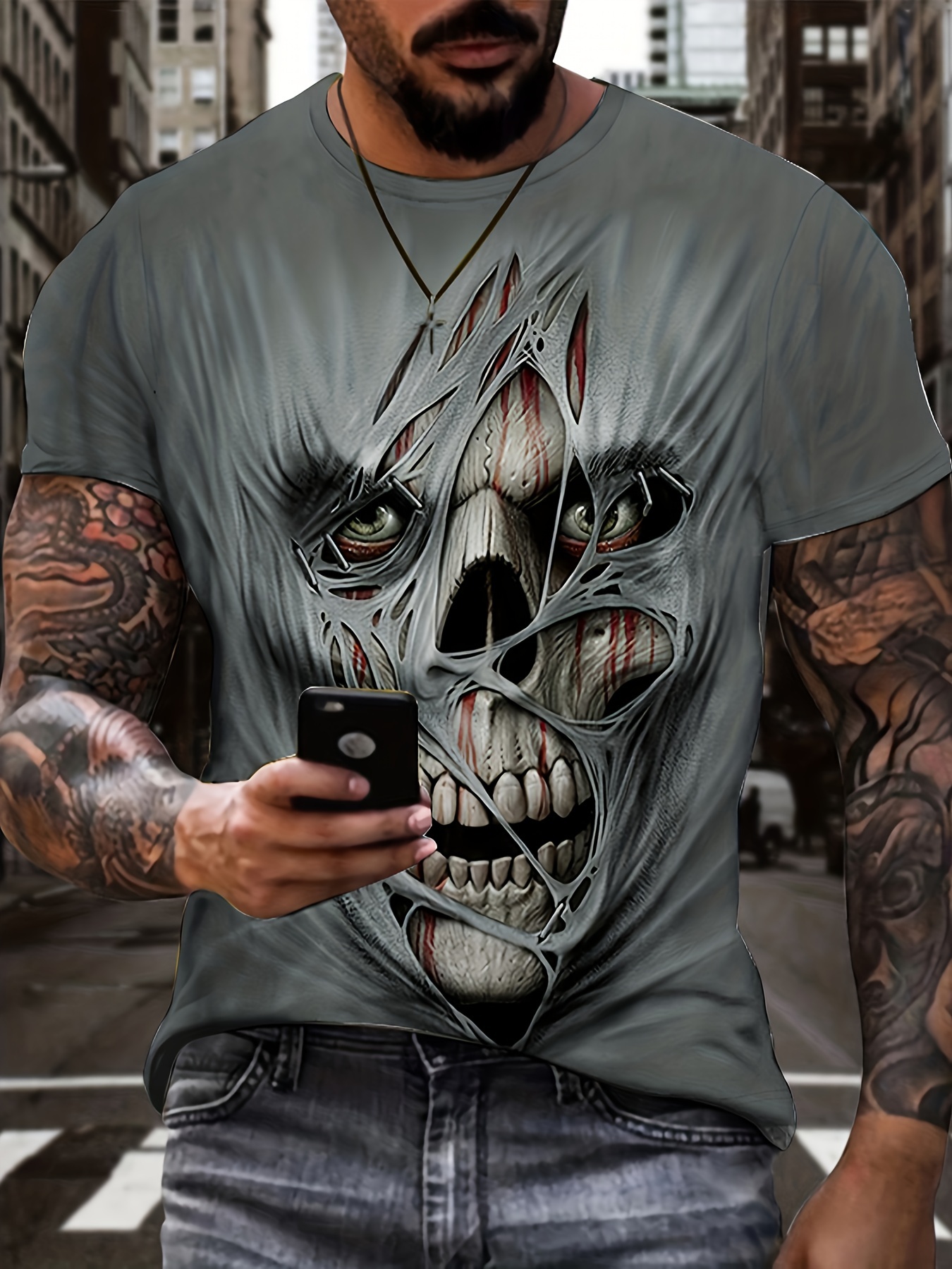 3d Skull & Usa Flag Print, Men's Graphic Design Crew Neck Long Sleeves T-shirt,  Casual Comfy Shirts For Spring Autumn, Men's Clothing Tops Halloween  Costumes - Temu