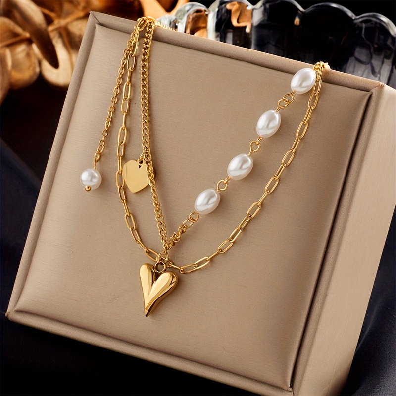 

1pc Stainless Steel Gold Plated Heart Shaped Pendant Multi Layered Necklace For Men And Women