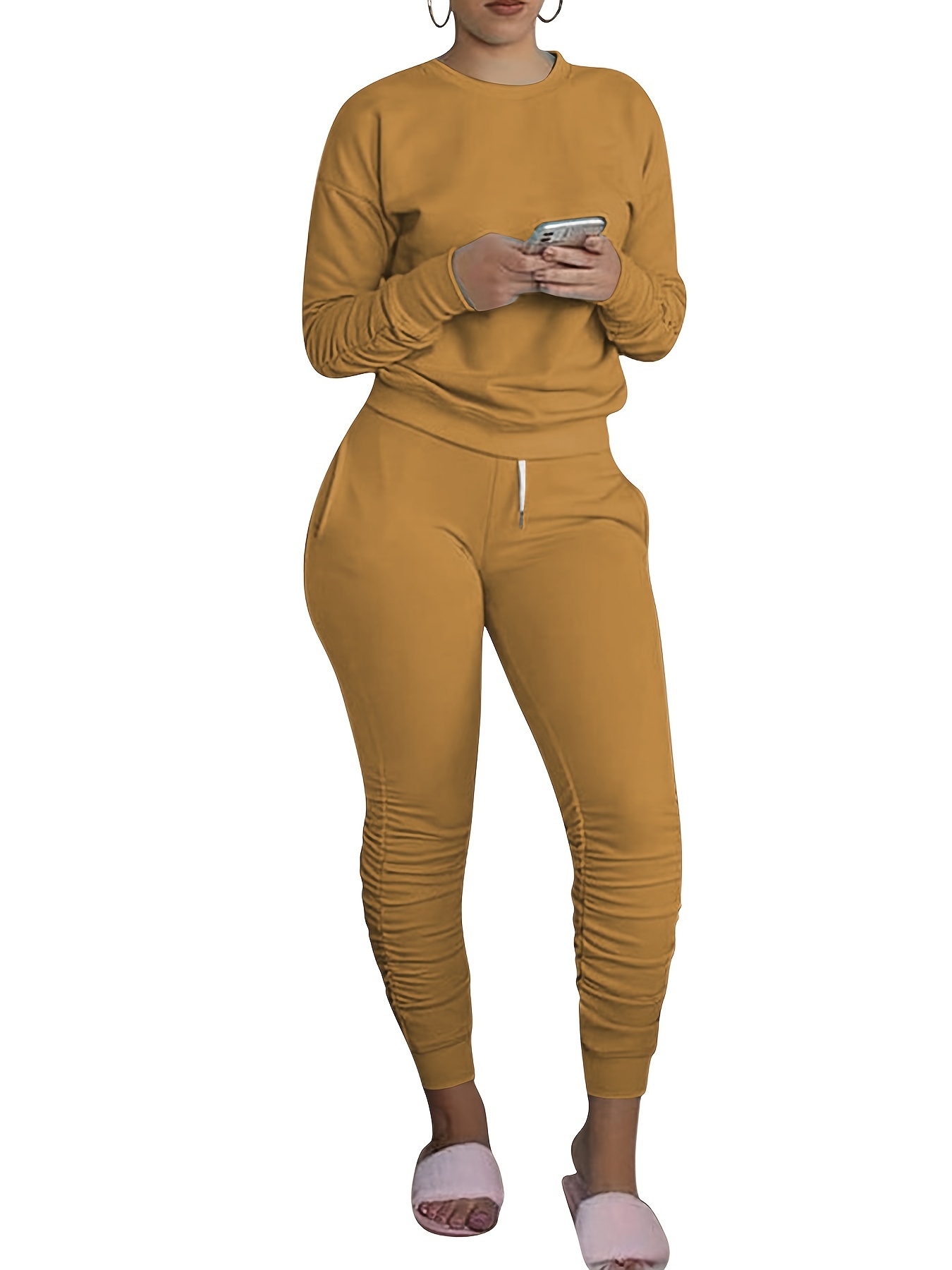 Casual Workout Two piece Set Brown Sugar Print Long Sleeve - Temu