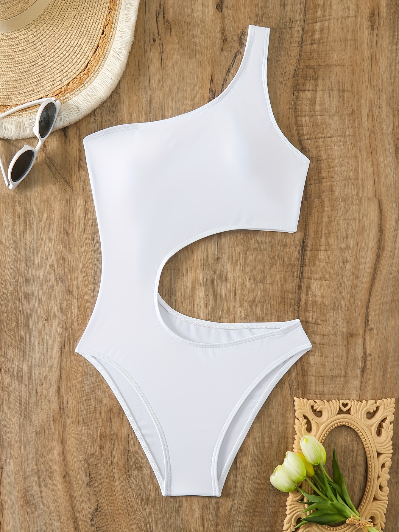 Asymmetric Cutout High Leg One Shoulder One Piece Swimsuit - White