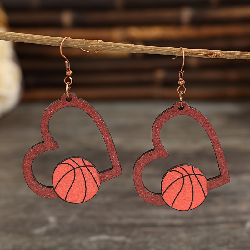 Hollow Heart Design Basketball Volleyball Rugby Decor Dangle Earrings Sporty Style Wooden Jewelry, Jewels Trendy Female Gift, 0.99, Free Returns