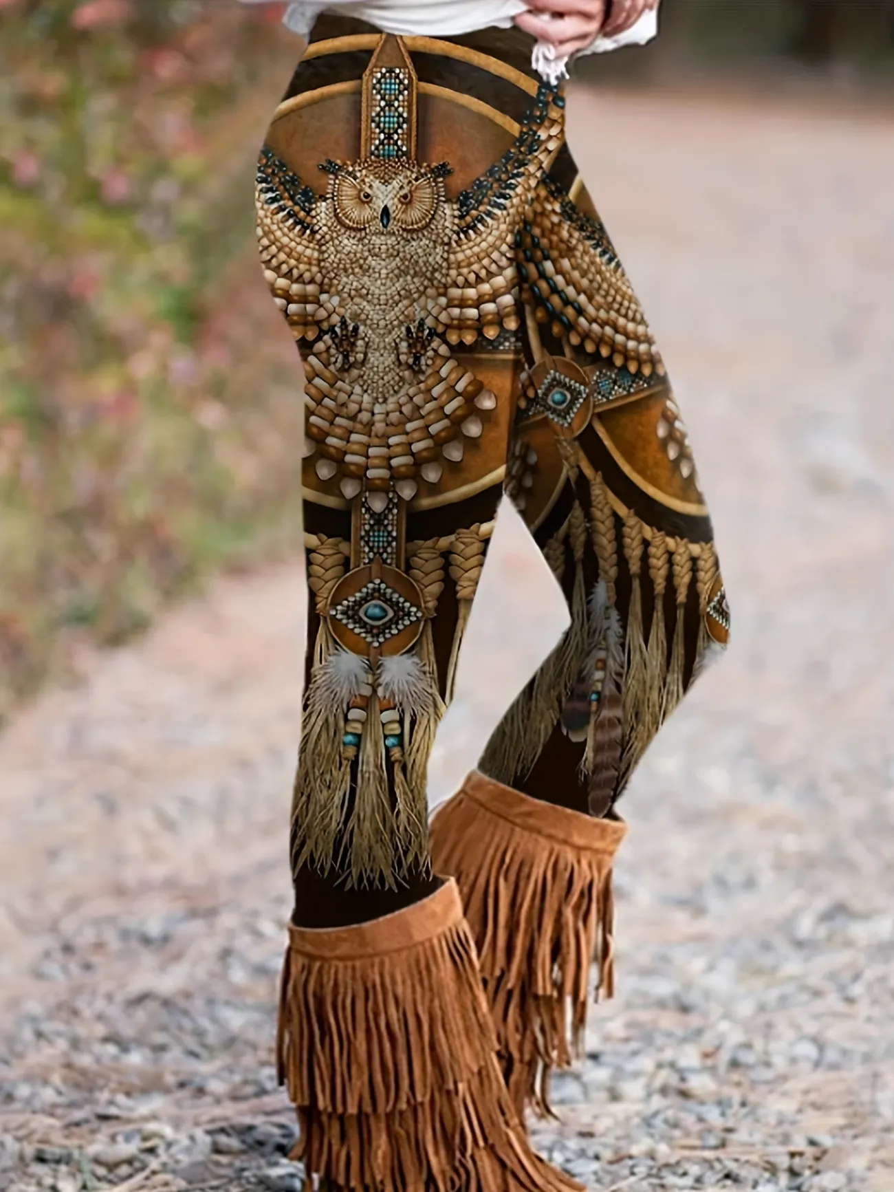 Plus Size Style Leggings, Women's Plus Tribal Owl Elastic High Rise High Leggings - Temu