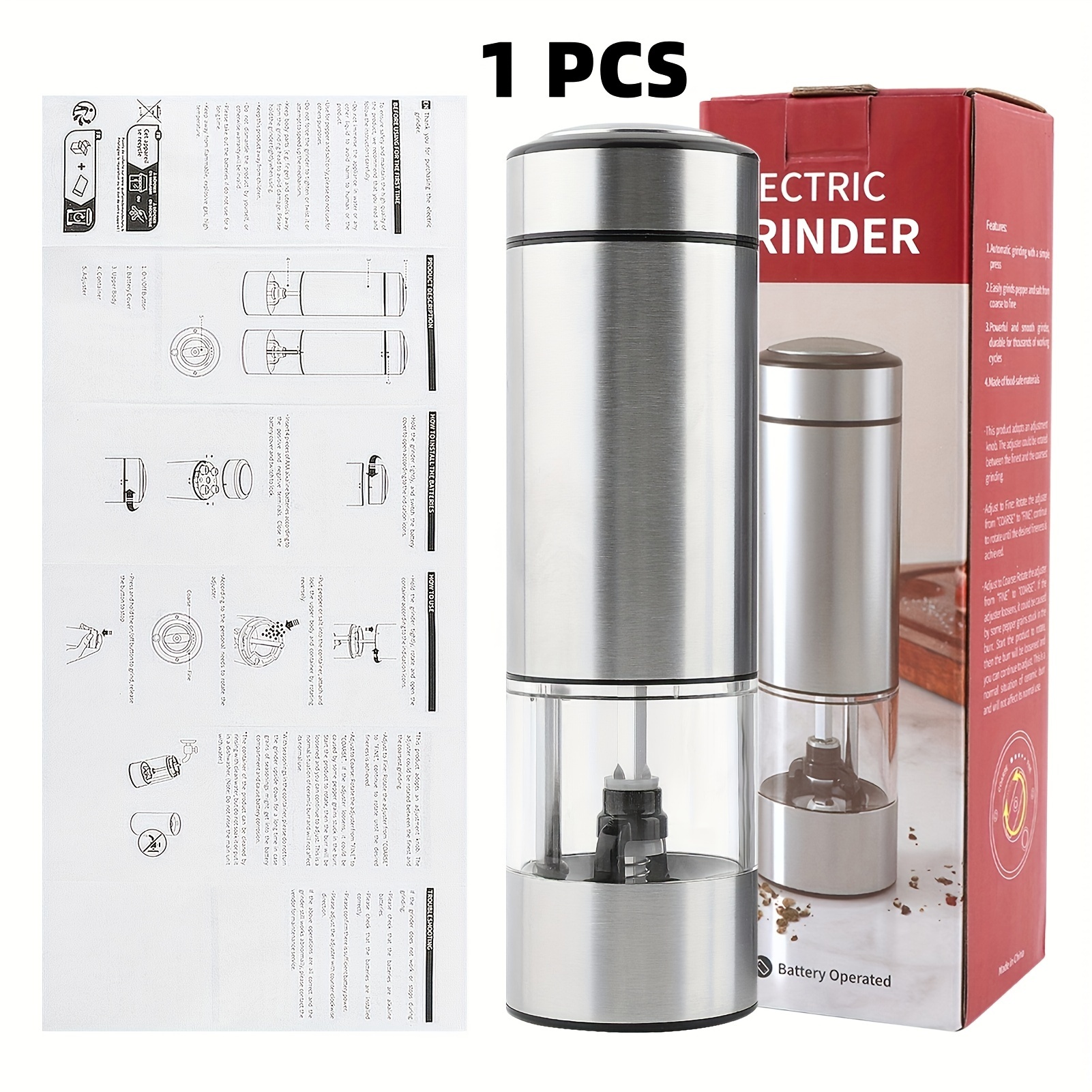 Electric Spice Grinder, 1 Manual Stainless Steel Salt Pepper Mill