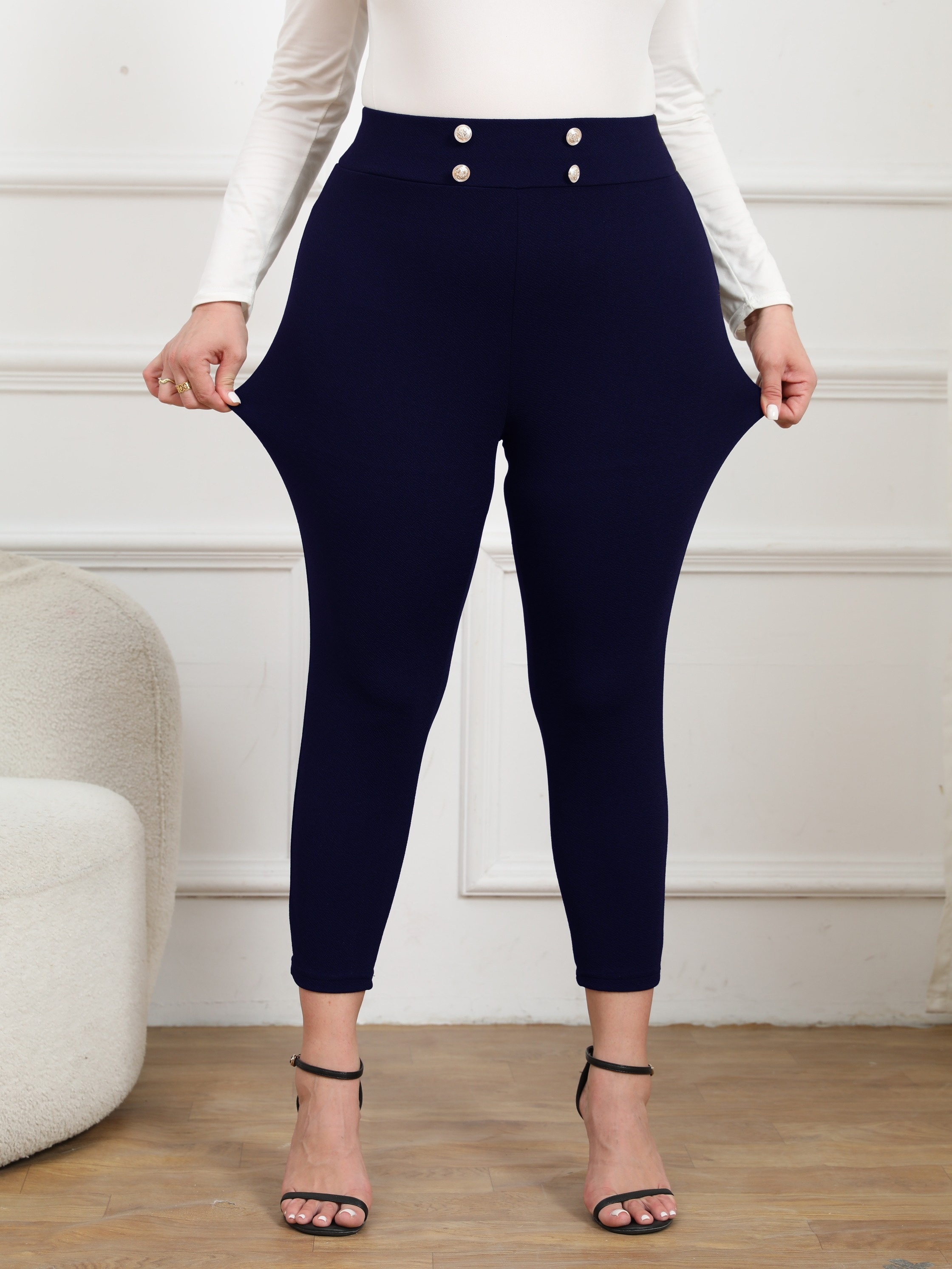 Plus Size Basic Pants, Women's Plus Solid Button Decor High * Slight  Stretch Skinny Trousers
