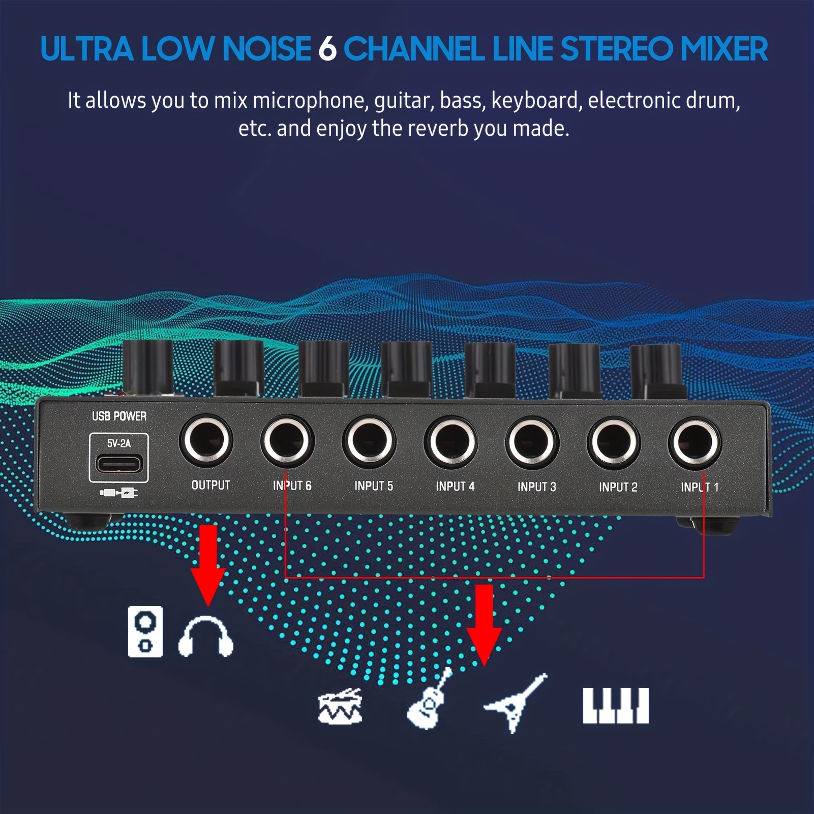 Depusheng DX600 Audio Mixer Line Mixer, DC 5V, 6/4-Stereo Ultra, Low-Noise  6/4-Channel For Sub-Mixing, Ideal For Small Clubs Or Bars, As Guitars, Bass