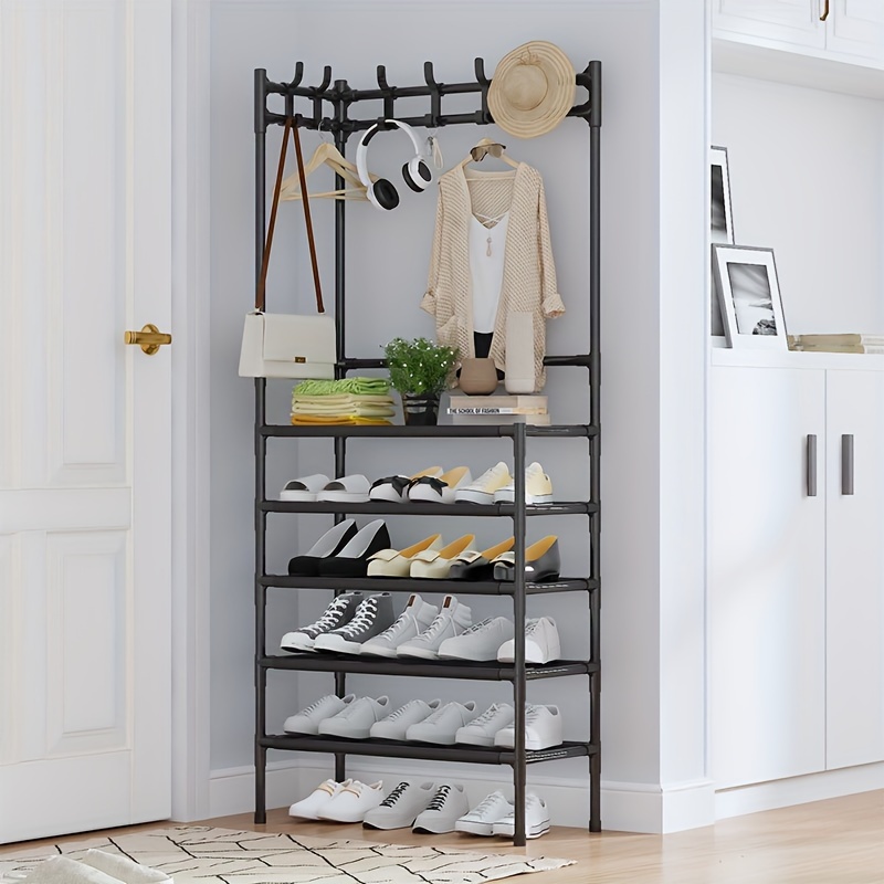 1pc 4-tier Simple Shoe Rack, Black Metal Pipe Integrated Multi-functional  Clothes Hanger, Storage Shoe Cabinet, Hat Rack, Suitable For Dormitory,  Home
