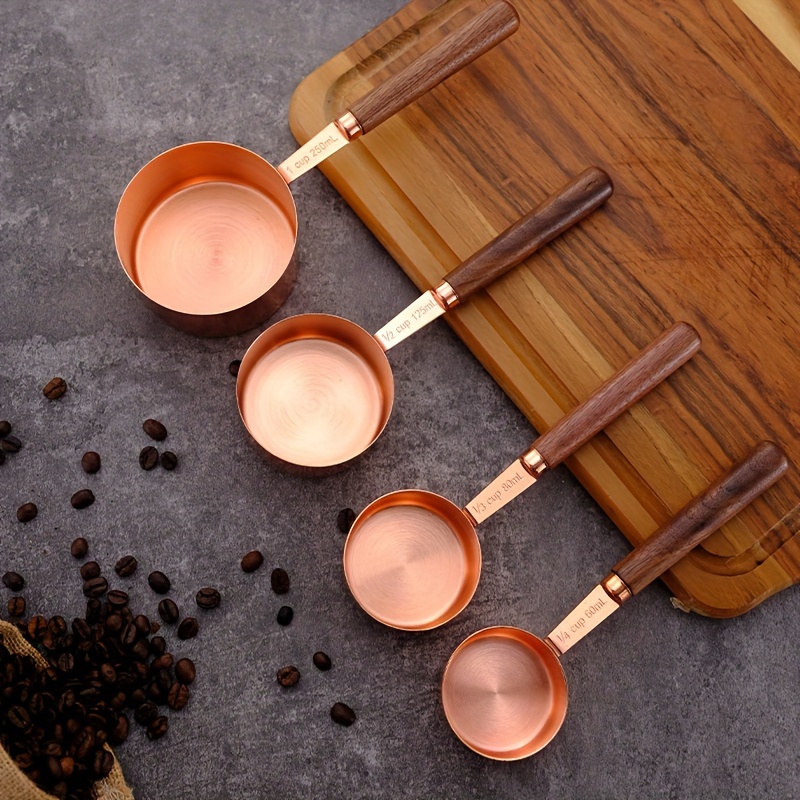 Measuring Cups & Spoons with Walnut Wood Handles, Stainless Steel and Rose Gold, Brown