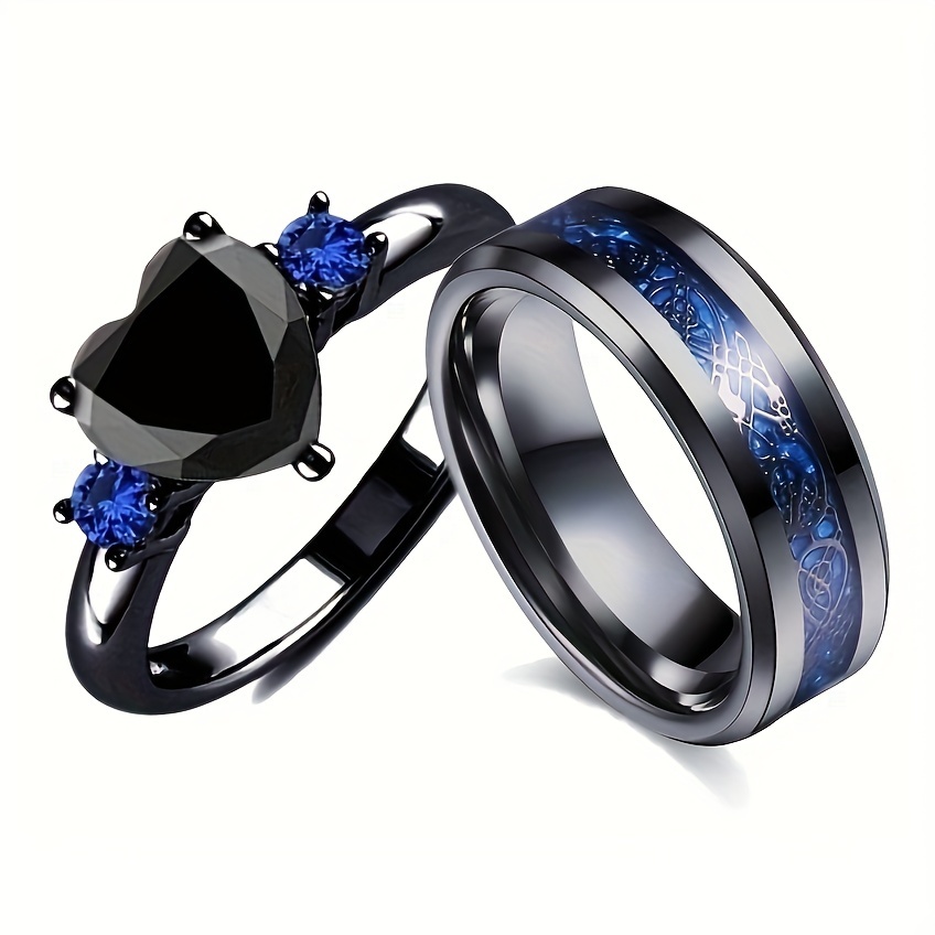 2pcs Retro Love Heart Synthetic Gemstone Rings, 8MM Dragon Pattern Ring  Set, Fashion Wedding Ring *'s Day Gift Jewelry