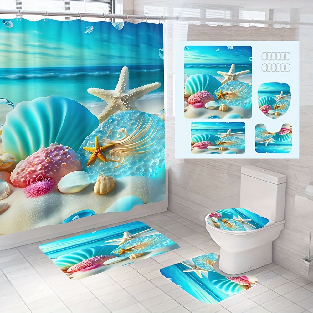 Party Decoration Beautiful Blue Beach Shell Shower Curtain - Temu
