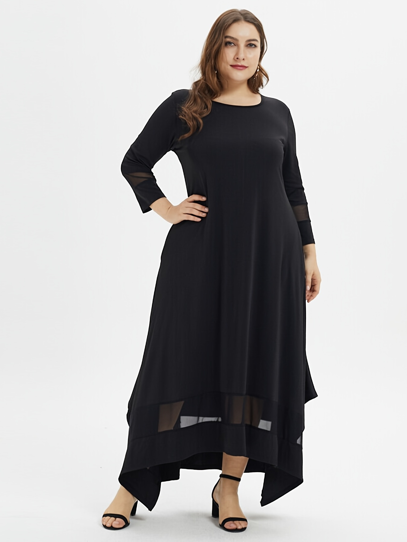 Plus Size Contrast Mesh Round Neck Long Sleeve Loose Fit - Temu