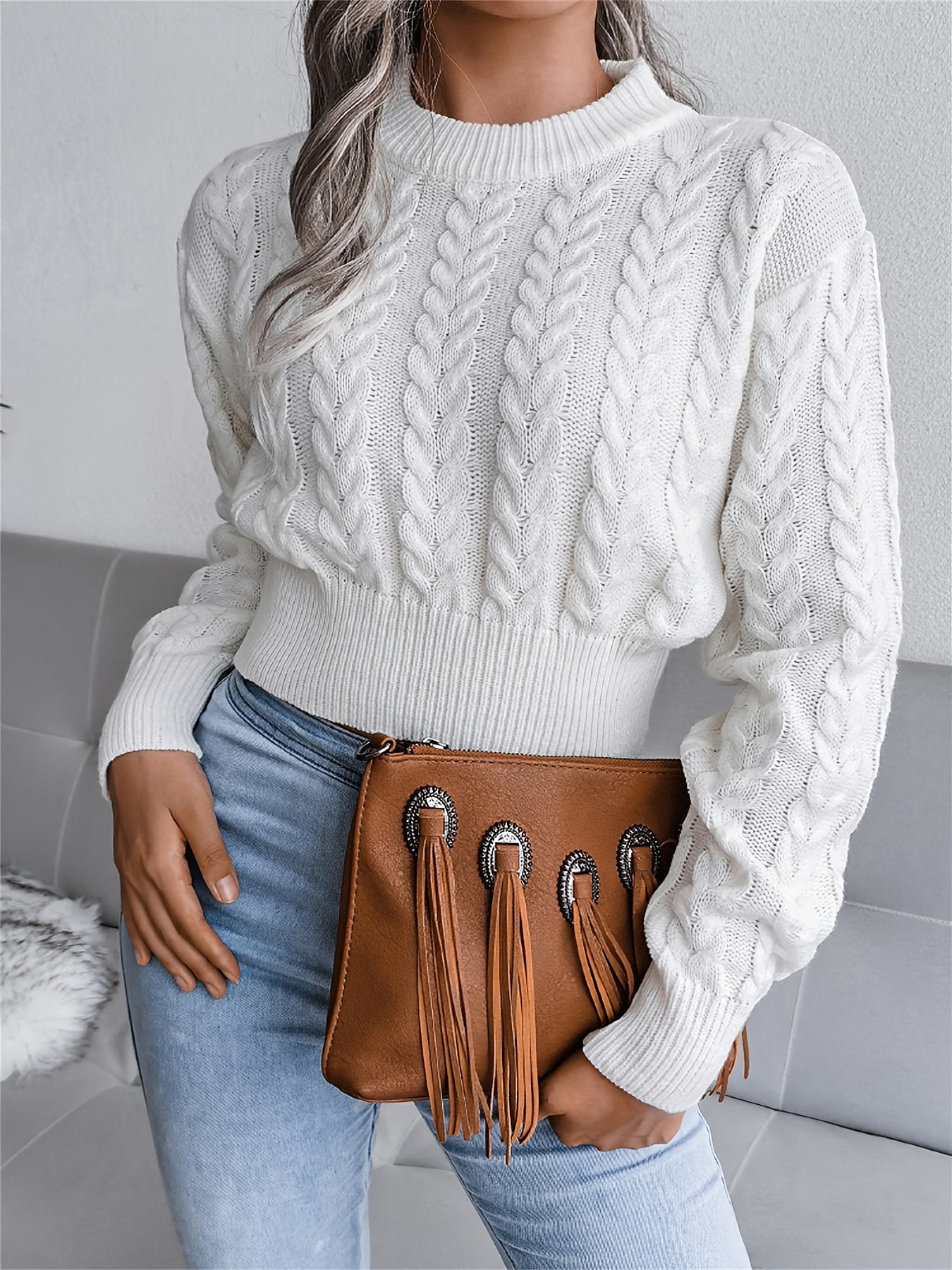 Womens Mock Neck Knit Cropped Sweaters Cozy Long Sleeve Hallow Out Cable  Short Sweater Fall Casual Bolero Jumper Top Khaki at  Women's  Clothing store