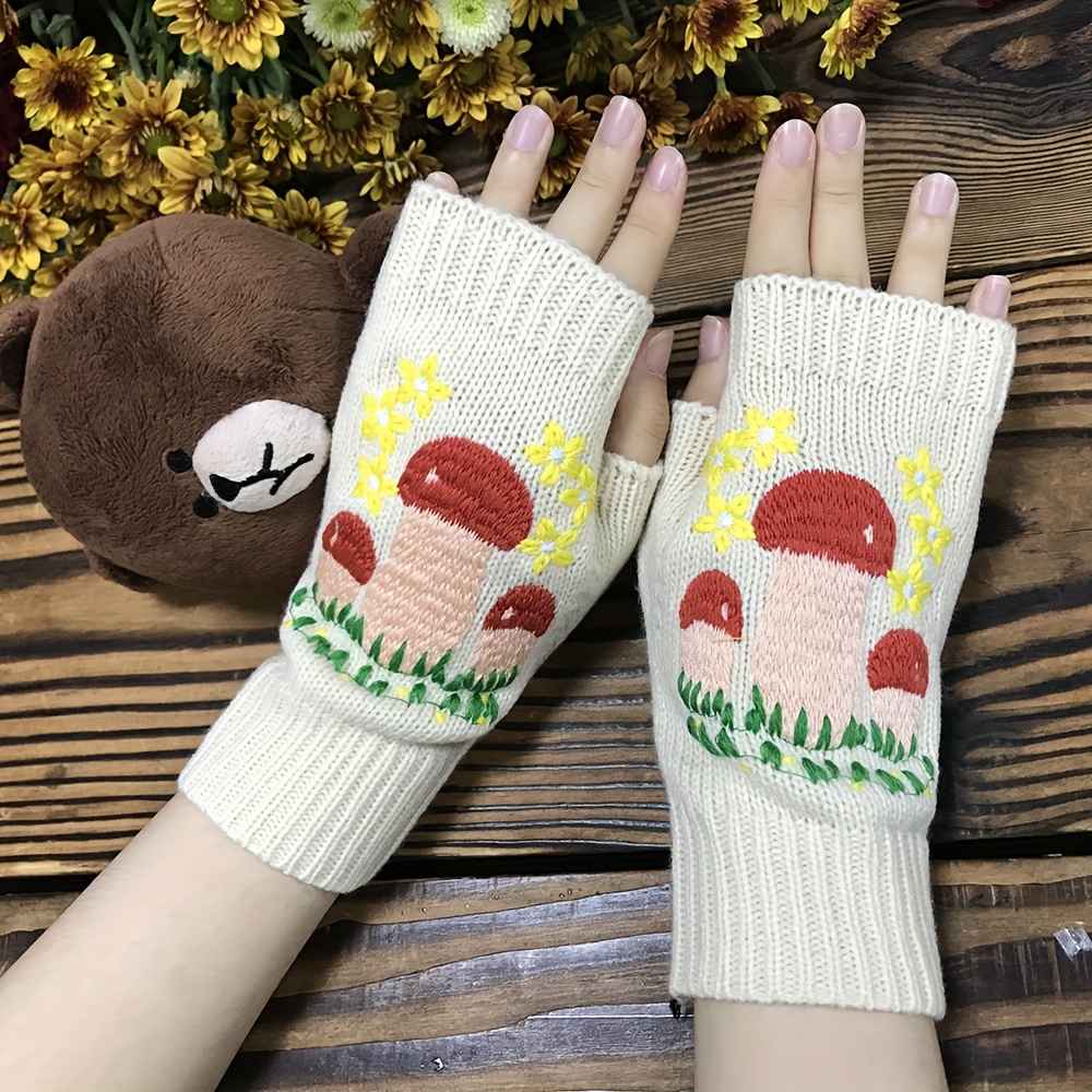 Short Flower Embroidered Knit Gloves Stylish Fingerless - Temu