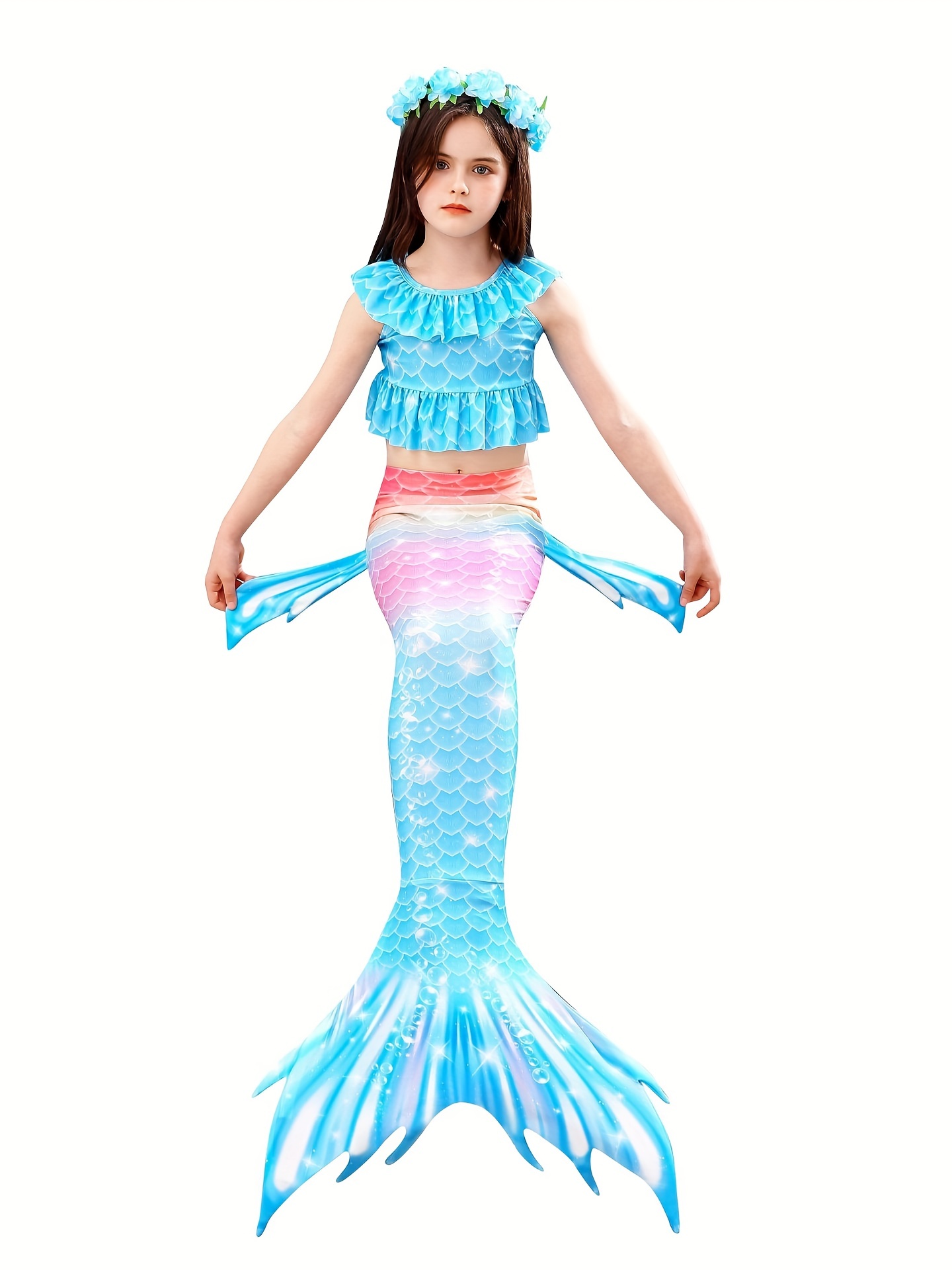 Girl's Mermaid Swimsuit 3pc Ruffled Bikini Set & Mermaid Tail