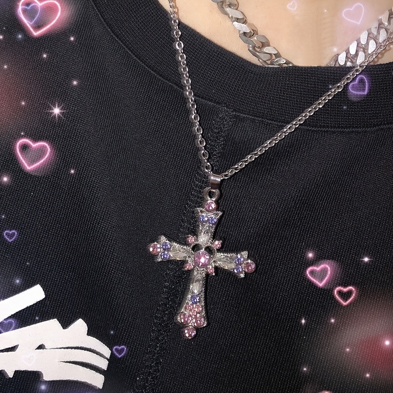 colorful crystal cross pendant necklace gothic punk cross zircon ...