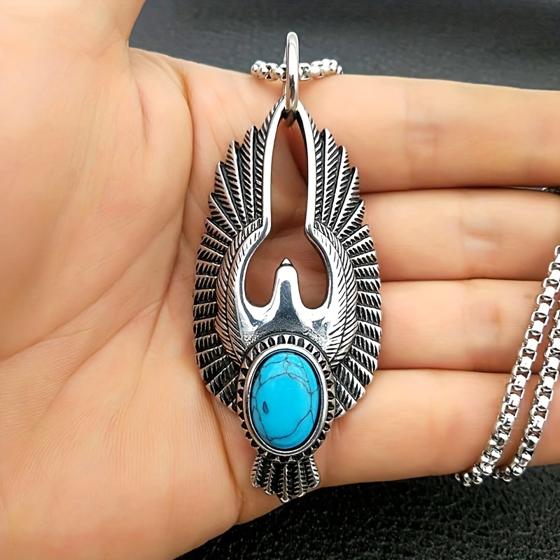 1pc vintage mens turquoise pendant necklace titanium steel hip hop jewelry anniversary birthday party gift wear accessories 5