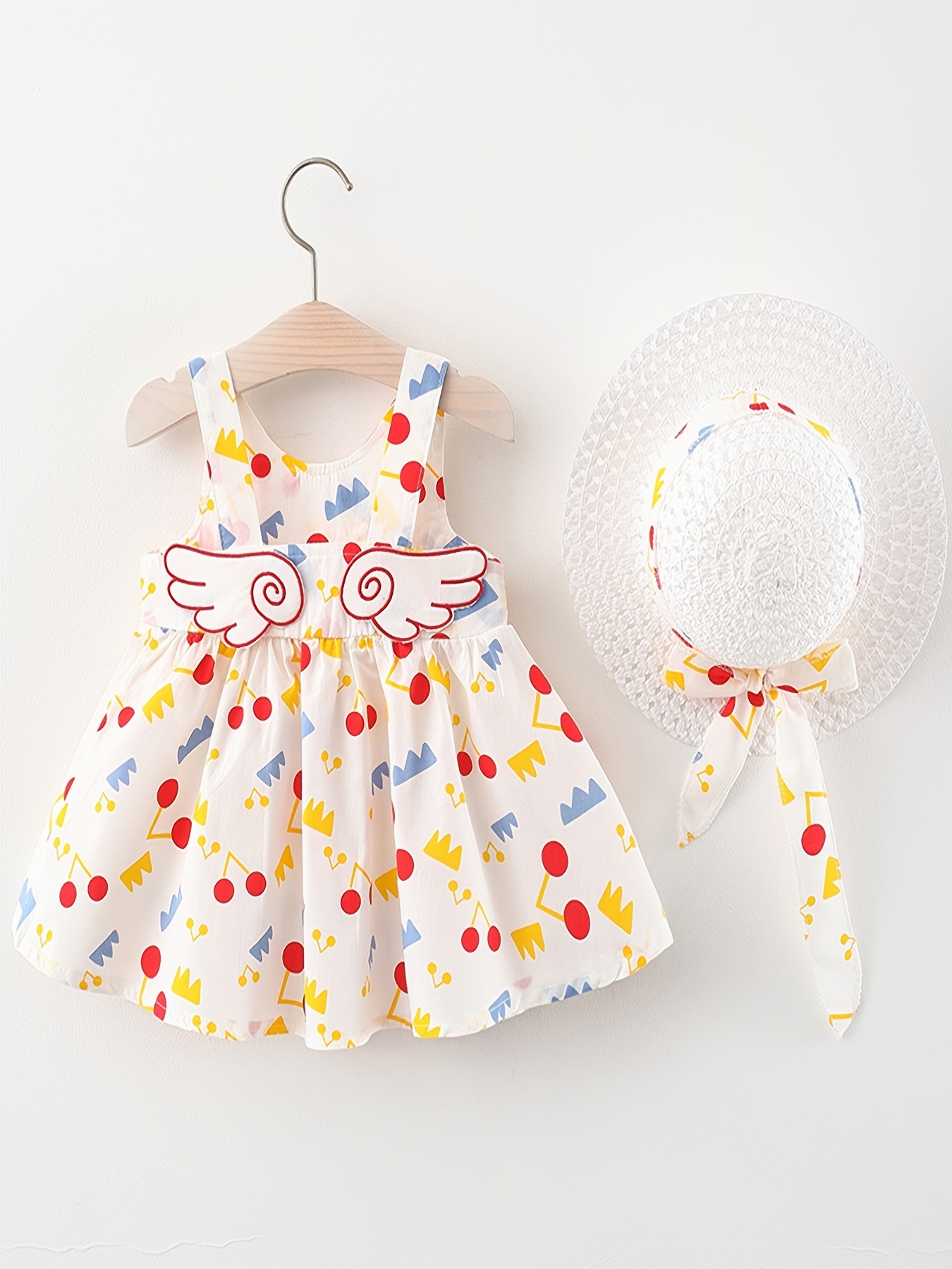 Baby Girls Sweet Cute Cherry Print Cami Dress With Wings