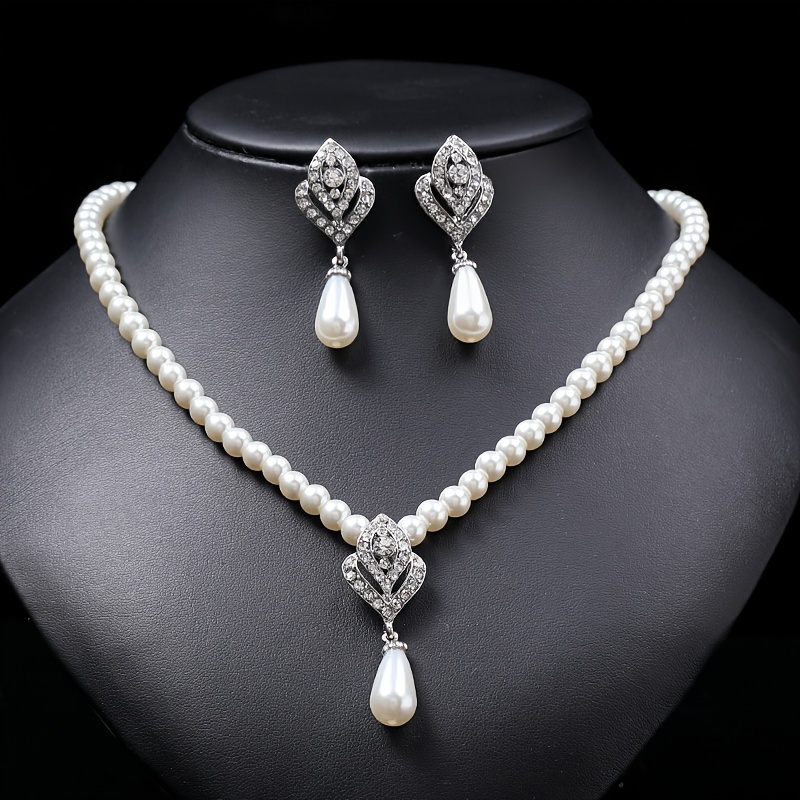 TEMU Elegant Boho Pearl Jewelry Set For Women - Classic Bead Necklace With Pearl Drop Earrings, Versatile Accessory Ideal For Party Occasions