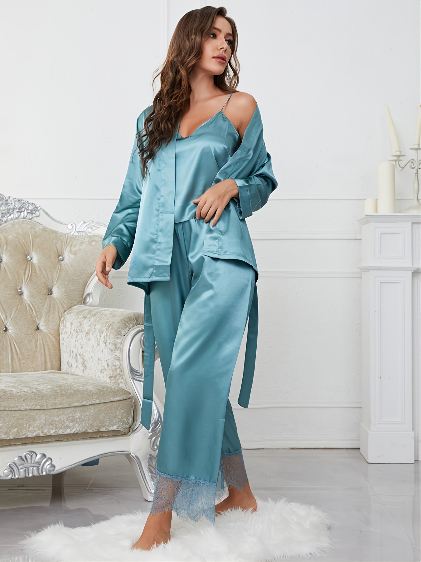 Contrast Lace Pajama Set Long Sleeve Lace Robe V Neck Cami - Temu