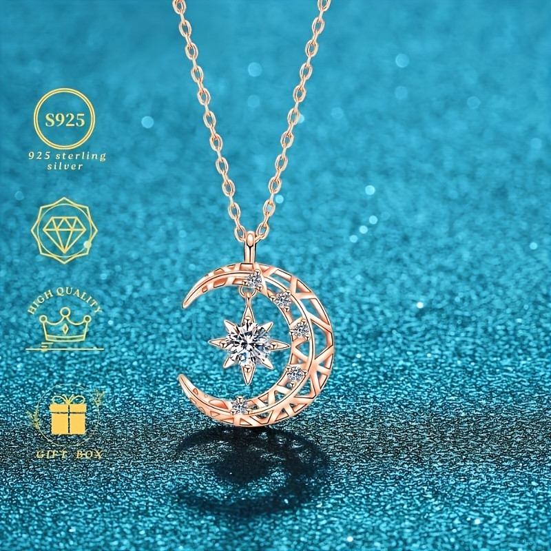 1pc 0.5 Carat S925 Silver Classic Dream Star And Moon Rose Eight-pointed  Star Clavicle Chain Necklace For Men And Women , Light Luxury Fashion Versat