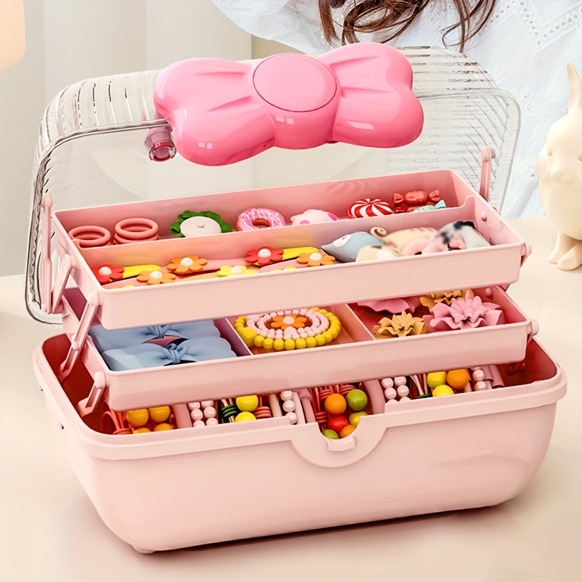 1pc Plastic Cute Bowknot Jewelry Storage Box, Jewelry Hair Accessories  Storage Case, Multi-layer Organizer Case For Jewelry Cosmetic Toys Sundries