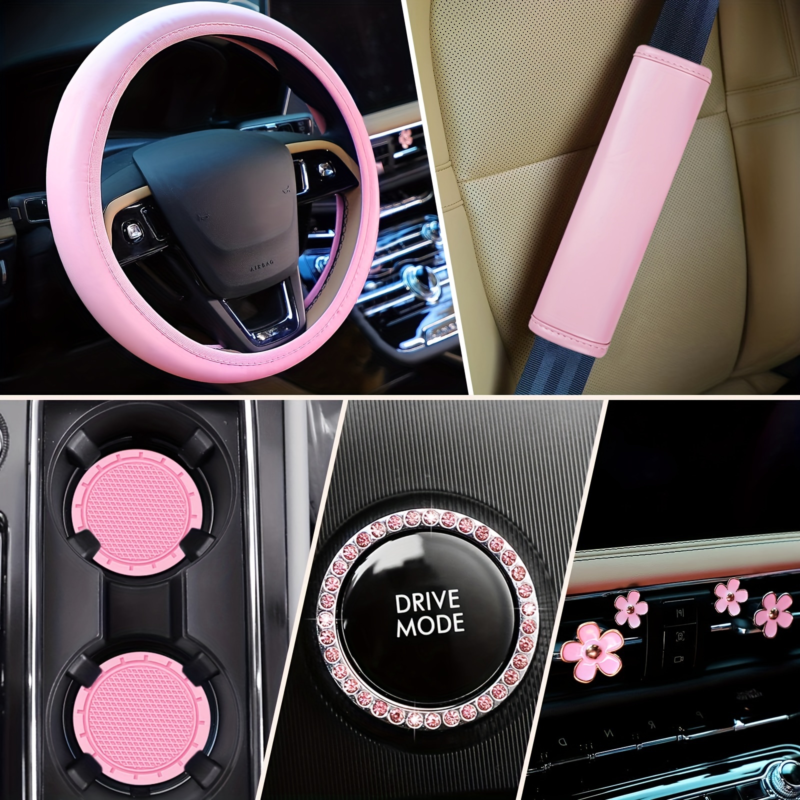 10 unidades Funda de cuero PU color rosa para volante para mujer, bonito  juego de accesorios para coche con fundas para cinturón de seguridad,  posavas