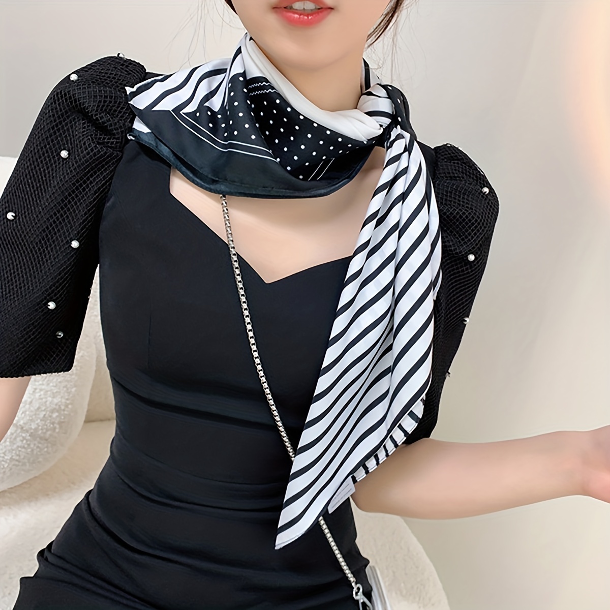 Stripe Dot Print Silk Square Scarf Bandana Shawl