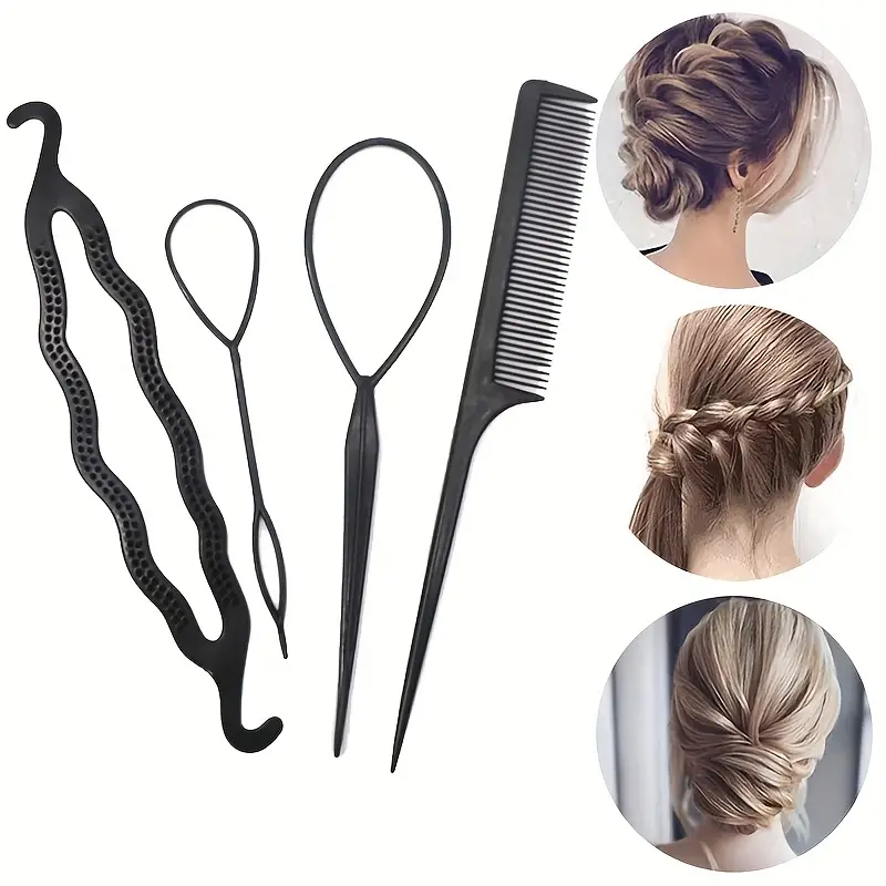 4pc set plastic hair styling design tools hair loop braid kits accessories ponytail maker hair ties clip hairpin diy hair styling for women girls details 1