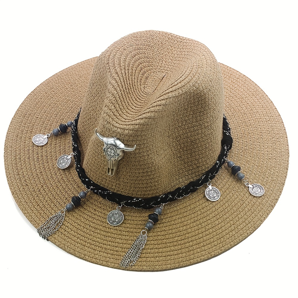 Bohemian Mens Sun Hat Beach Travel Straw Hat Fishing Hat With Cow