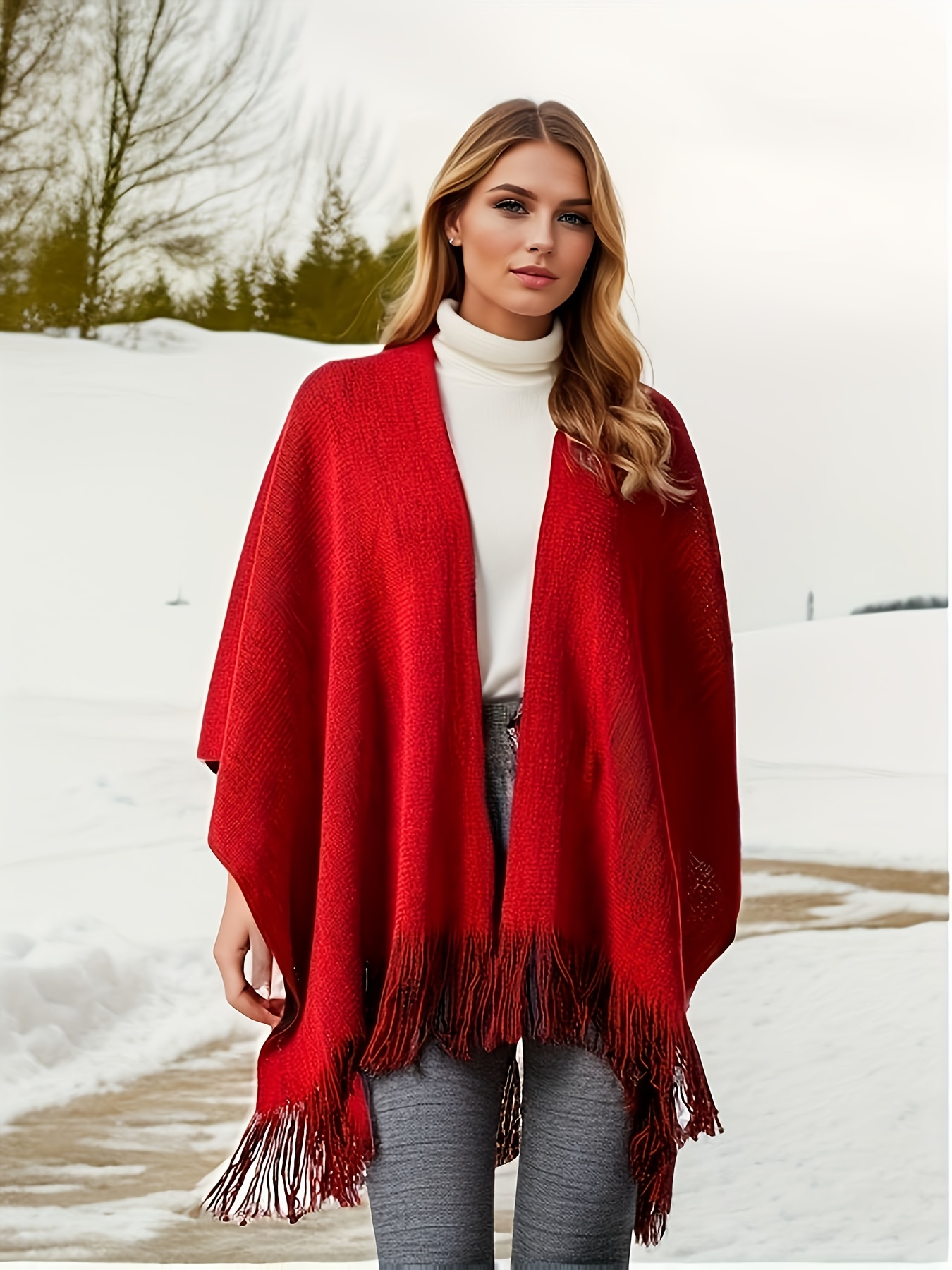 Plus Size Casual Coat Womens Plus Solid Batwing Sleeve Tassel Trim Open  Front Medium Stretch Cape Cardigan - Women's Curve Clothing - Temu