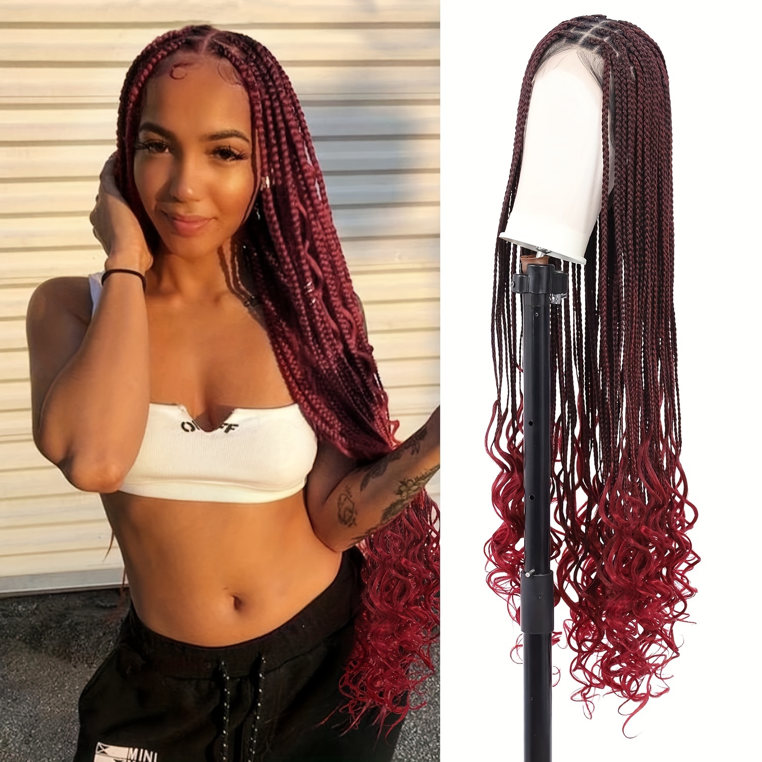 Synthetic Braided Lace Front Wigs 34in Lace Front Burgundy Cornrow Braids  Wig US