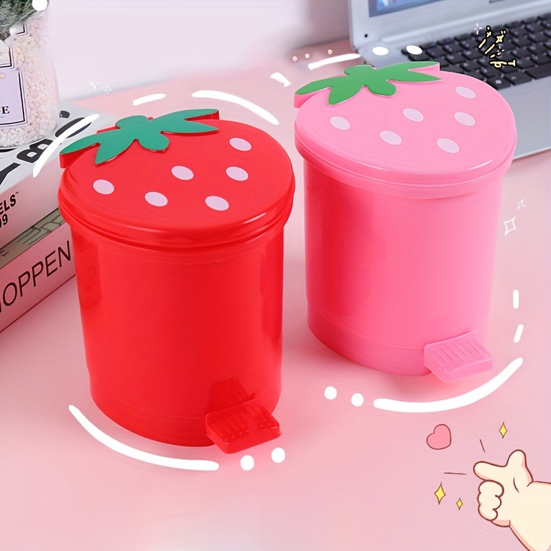 Cute Pink Red Strawberry Waste Bin Desktop Portable Plastic Mini Garbage  Basket Home Bedroom Storage Bucket Trash Can With Lid