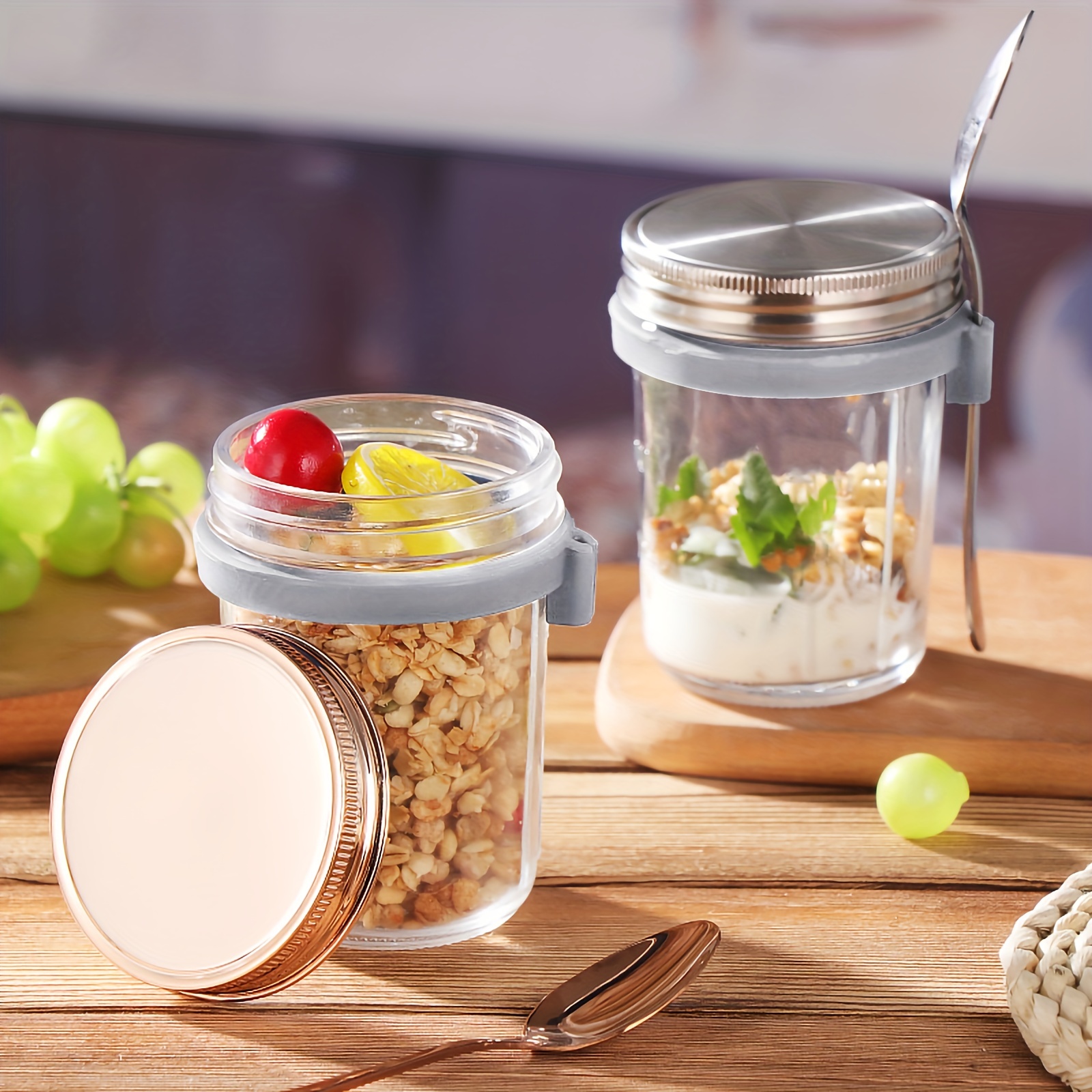 1PC,350ml Overnight Oats Containers With Lid And Spoon,Large Capacity  Airtight Overnight Oats Jars With Measurement Marks, Reusable Glass Cups  For