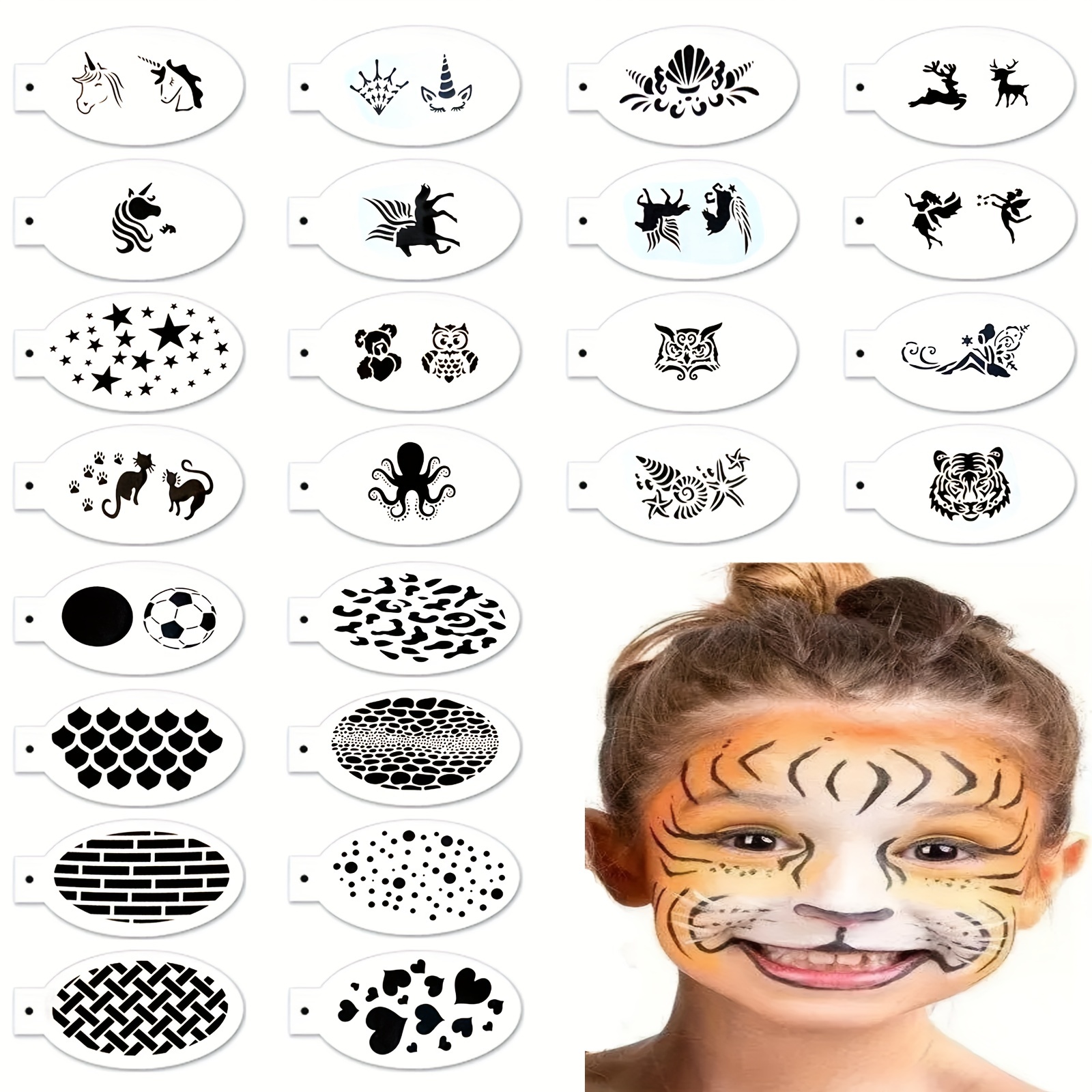  52 Pcs Face Paint Stencils Kit, 32 Large Face Paint Stencils 10  Temporary Body Painting Stencils and 10 Painting Brushes Halloween Mask  Stencil for Kids Party Art Painting (Animal Style)