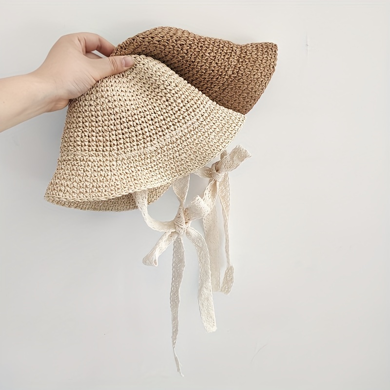 Handmade Summer Children's Straw Hat Baby Crochet Sunshade Sun Hat Lace Tie Breathable Fisherman Hat for Kids, Summer Beach Holiday Sunhat, Beige