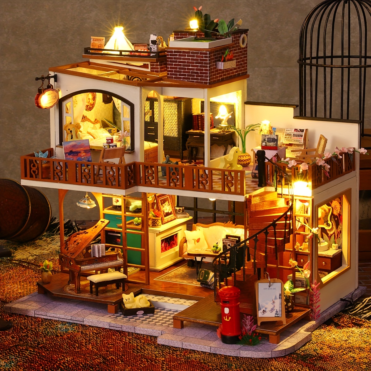 Roroom Kit de casa de muñecas en miniatura y muebles, modelo de casa de  muñecas de madera en 3D con LED, idea creativa de habitación para regalo de