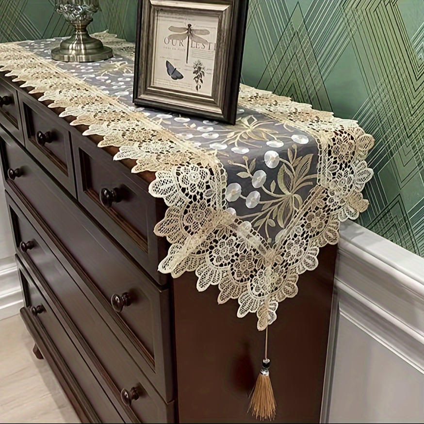 Image of European Coffee Table Tv Cabinet Tablecloth Lace Fabric Desk Flag Shoe Cabinet Long Strip Dust Cover Cloth Mat
