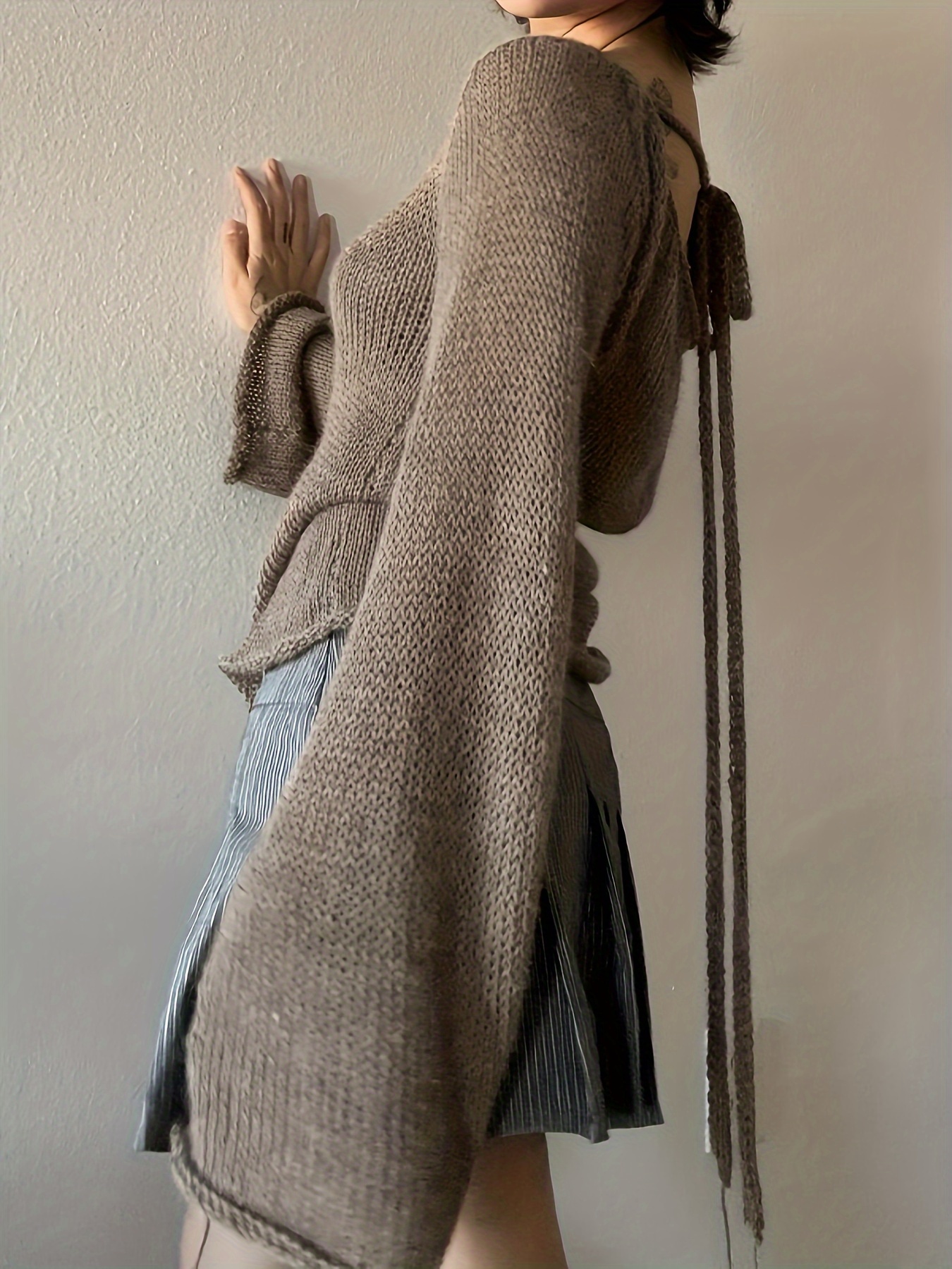 Y2K Solid Tied Back Knit Sweater, Bell Sleeve Backless Retro Sweater,  Women's Clothing